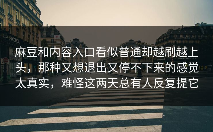 麻豆和内容入口看似普通却越刷越上头，那种又想退出又停不下来的感觉太真实，难怪这两天总有人反复提它